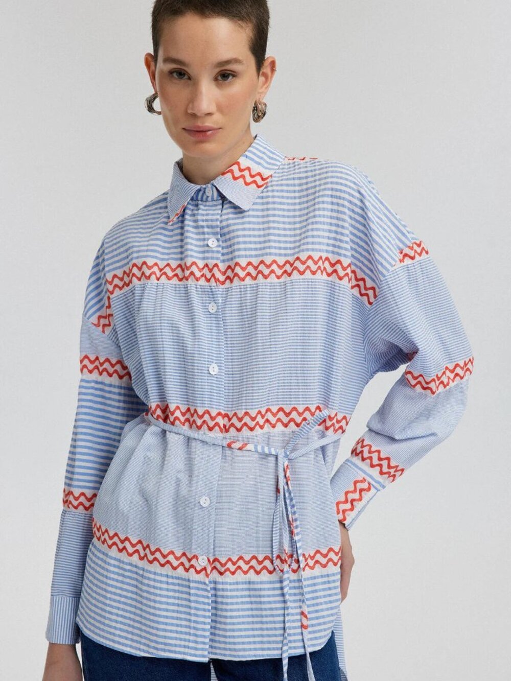 Touché Shirt Women 2 Blue White Cotton Striped Belted High Low Long Sleeve P3955